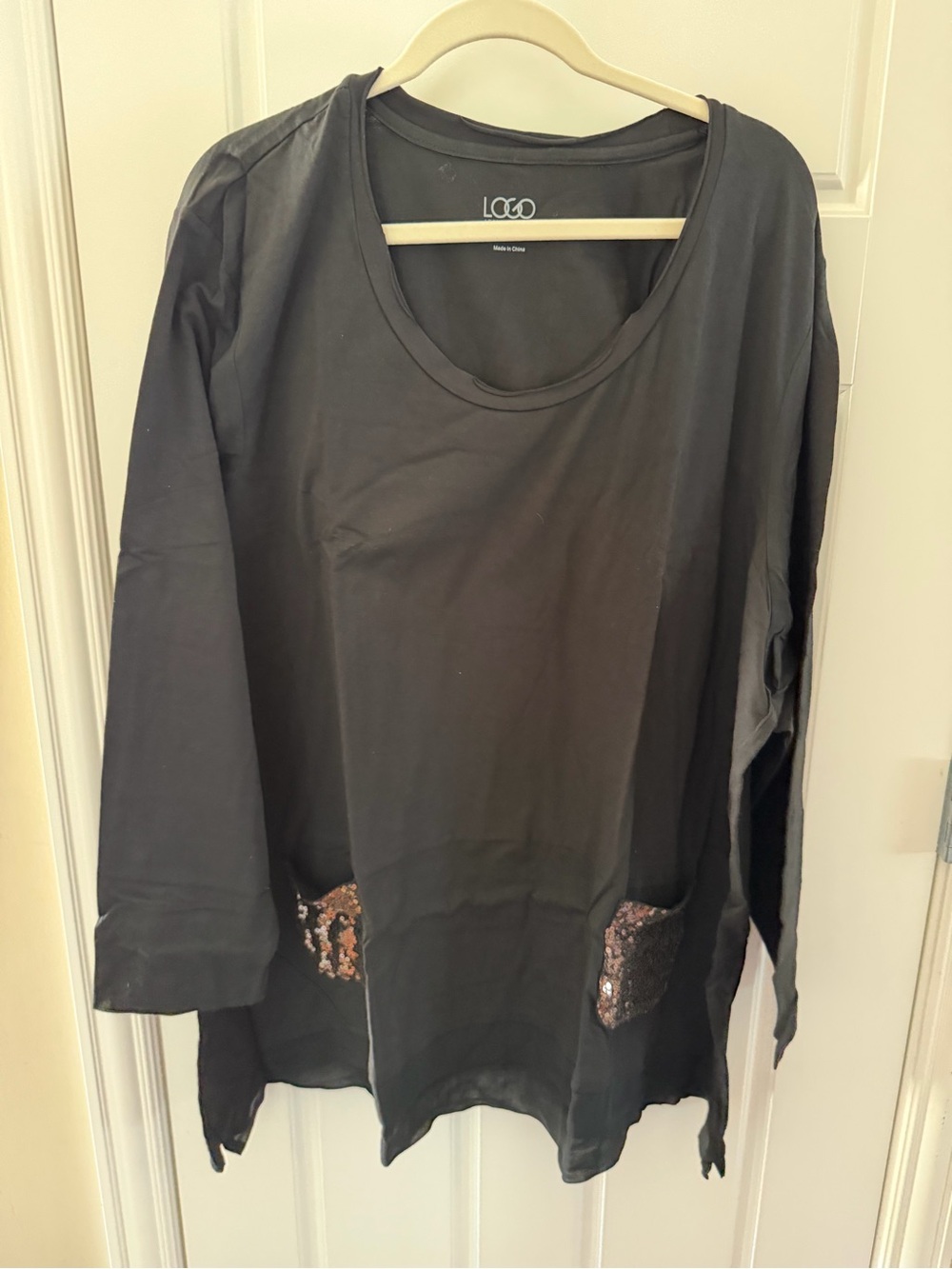 LOGO by Lori Goldstein Black Long-Sleeve Sequin Pocket Tunic Top 3X